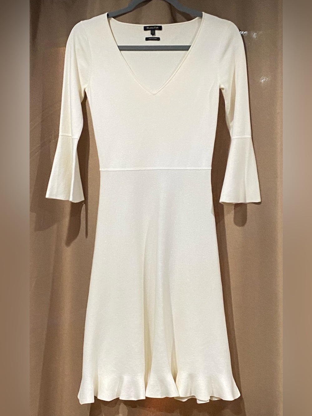 Massimo Dutti Cream V-Neck Fit & Flare Knit Midi Dress with Bell Sleeve Sz. XS